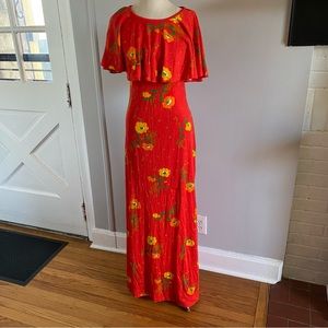 Vintage Leslie J bright red floral flower ruffle top maxi dress S Hawaiian